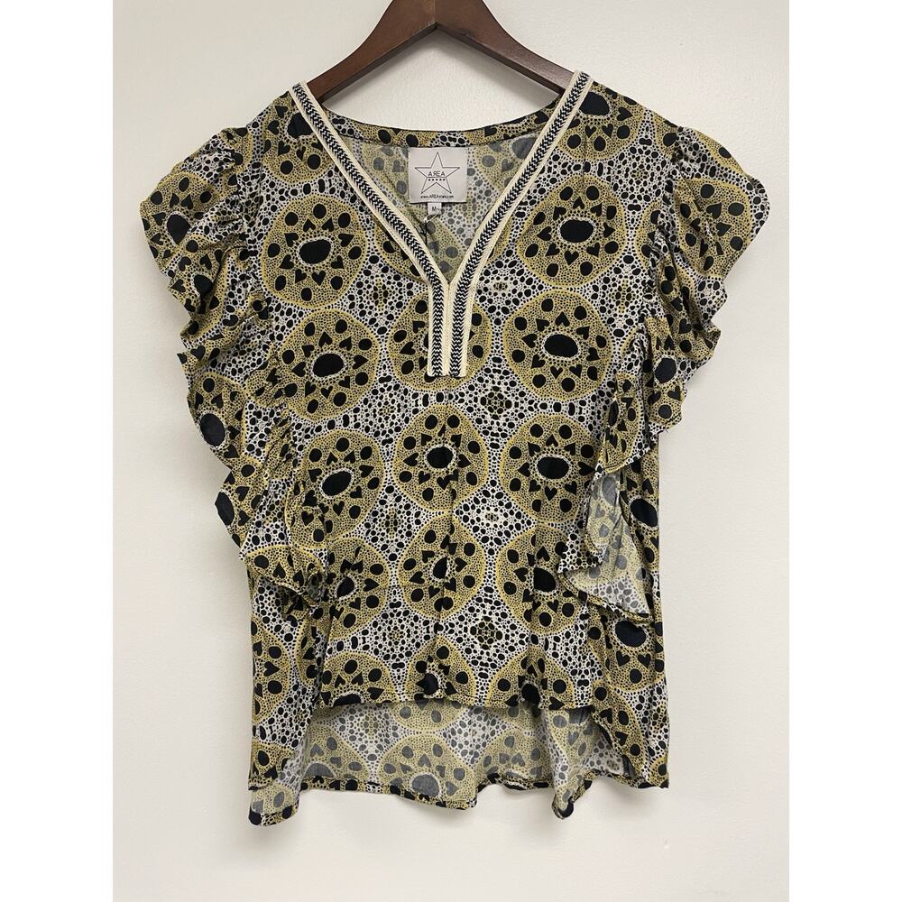 Area Stars Medium Yellow Black Aurora Ruffle Hem Short Sleeve Medium Blouse NWT